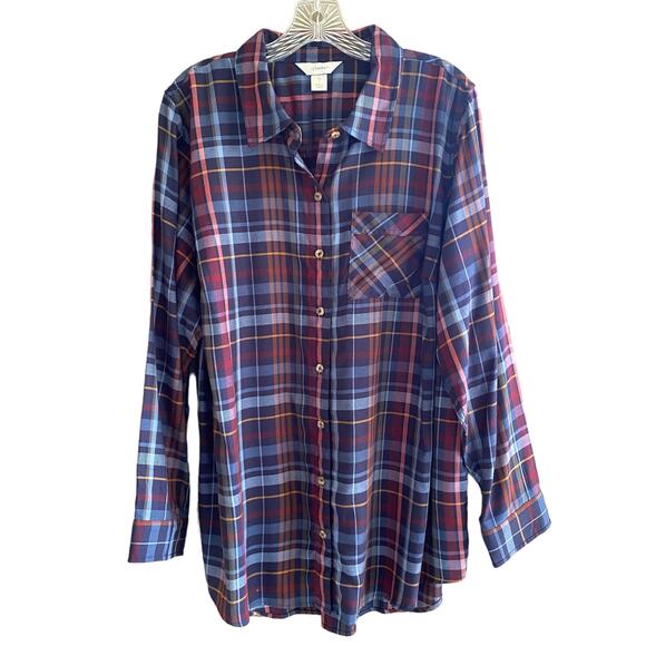 CJ BANKS Button Down Shirt 1X Plaid Dark Academia Preppy Classic Women's Pocket - Picture 1 of 8